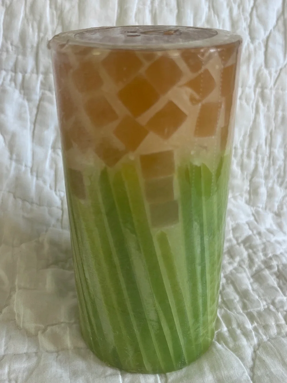 NEW Pier 1 Pink Honeysuckle Pillar Candle 3 x 6 Textured Layered Green Peach